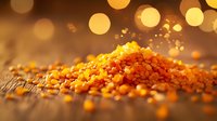 Red lentils scattered on wooden surface with golden bokeh lights in background, macro food photography with shallow depth of field and warm tones.