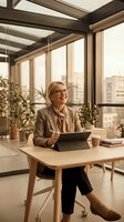 Mature Caucasian businesswoman smiling while working on laptop in modern office with large windows and plants. Professional executive in beige blazer at desk.