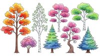Watercolor tree collection with autumn maple, birch, cherry blossom, evergreen pine and decorative trees isolated on white background for design projects.