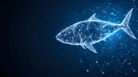 Glowing digital fish created from connected dots and lines swimming in deep blue space, representing technology and artificial intelligence networks.