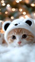 Ginger kitten wearing panda bear costume hat against blurred bokeh lights background, close up portrait with soft focus on bright blue eyes and pink nose.