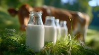 Fresh milk bottles in green grass with grazing cow in blurred background, natural dairy farm setting, organic farming concept for food packaging and advertising.