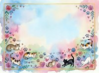 Watercolor cat frame with playful kittens, paw prints, hearts, and floral elements on pastel rainbow background with copy space.
