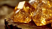 Raw amber crystals with golden translucent glow on dark textured surface, illuminated to showcase natural organic gemstone formation and light refraction properties.