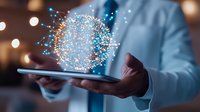 African American businessman holding digital tablet with glowing blue network sphere hologram floating above, representing digital transformation and connectivity.