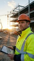 Construction worker in safety gear holding tablet with blueprints at building site during golden hour sunset with steel framework and crane in background.