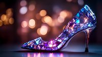 Elegant high heel shoe with geometric crystal pattern reflecting blue and purple light against blurred bokeh background, fashion luxury accessory photography.