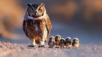 Adult owl standing protectively near four baby owlets on sandy ground during golden sunset hour, creating heartwarming wildlife scene with natural lighting and bokeh background.
