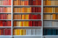 Colorful books arranged by spectrum on white wooden shelves creating rainbow pattern from red through orange to yellow and white, modern library interior design.