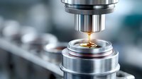 Precision laser cutting technology in manufacturing process with bright orange beam focused on metal surface, industrial machinery in operation.