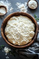 Fresh bread dough in wooden bowl with flour for homemade baking and cooking preparation on rustic kitchen counter.