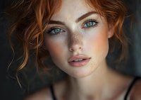 Close up portrait of young woman with natural freckles, bright blue eyes and ginger curly hair against dark background. Soft natural makeup and glowing skin.
