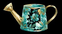 Decorative watering can with turquoise and gold floral pattern, isolated on transparent background. Ready for clipart, print-on-demand, sublimation, t-shirt designs, stickers, and digital crafts.