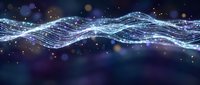 Glowing digital wave with flowing light particles on dark blue background, evoking technology, data flow, and futuristic energy concepts.