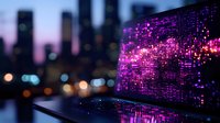 Futuristic laptop screen displaying purple digital network pattern against blurred city skyline at dusk, concept of digital transformation and smart city technology.