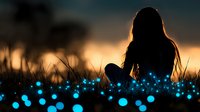 Young woman silhouette sitting in grass field at sunset surrounded by magical glowing blue lights, creating dreamy atmospheric scene for fantasy and inspiration concepts.