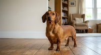 Adorable red dachshund dog standing on hardwood floor in cozy living room interior with bookshelf and natural light from window creating warm home atmosphere.
