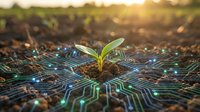 Young green plant seedling emerging from rich soil with glowing digital circuit patterns representing sustainable agriculture technology and smart farming innovation.