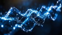 Abstract digital network with glowing blue connections and data points flowing in wave pattern against dark background for technology concepts.