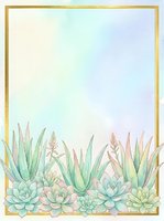 Watercolor succulents and aloe vera with a gold frame on a pastel background, perfect for wedding invitations, cards, and prints.