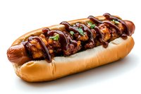 Grilled octopus hot dog topped with chocolate sauce and fresh herbs served on toasted brioche bun against white background, gourmet seafood fusion dish.