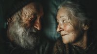Elderly couple lying together sharing intimate moment, senior man and woman with wrinkled faces and gray hair expressing love and connection in bed.