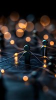 Network connections represented by glowing lines linking human figures on dark surface with warm bokeh lights creating atmospheric depth and connectivity concept.