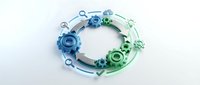 Circular arrangement of blue and green mechanical gears with connecting elements on white background for technology and engineering design projects.