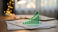 Green 3D growth chart with upward arrow emerging from business documents on wooden desk with warm bokeh lights in background for financial success concepts.