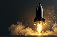 Powerful rocket launching with bright flames and smoke clouds against dark sky, space exploration mission takeoff with dramatic lighting effects.