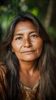 Portrait of mature indigenous woman with long dark hair and weathered skin against natural green background, conveying wisdom and cultural heritage.
