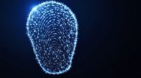 Glowing digital fingerprint pattern in blue neon light against dark background illustrates biometric security and personal identification technology concept.