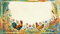 Rustic farm border frame with roosters, hens and wildflowers on textured background for country kitchen decor, recipe cards and agricultural designs.