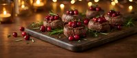 Chocolate cupcakes with cranberries and rosemary on wooden board with warm bokeh lights creating festive holiday atmosphere for seasonal baking celebrations.
