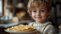Adorable toddler boy with curly blonde hair enjoying homemade pancakes in cozy kitchen setting for family breakfast and childhood nutrition concepts.