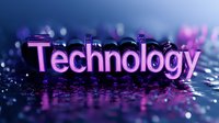 Glowing purple technology text on dark reflective surface with bokeh lights and water drops creating futuristic atmosphere for tech presentations and digital media.