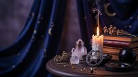 Mystical altar with burning candle, crystal, pentagram, old books and ornate mirror creating atmospheric occult scene for spiritual practices.