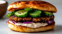 Fresh grilled burger with crisp cucumber slices, purple cabbage, mint leaves and creamy sauce on golden brioche bun against light background. Perfect for menu design.