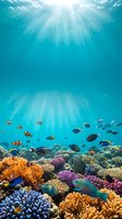 Vibrant coral reef ecosystem with tropical fish swimming in crystal clear turquoise water with sunbeams filtering through ocean surface creating magical underwater scene.