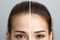 Female face split in half showing eyebrow microblading before and after results, demonstrating permanent makeup and cosmetic tattooing procedure effects.