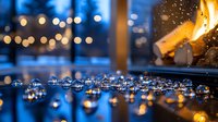 Water drops on dark reflective surface with blurred warm lights and fire in background creating magical bokeh effect and cozy winter atmosphere.
