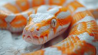 Extreme close up of corn snake head showing detailed scales, orange and white pattern, yellow eye with vertical pupil and pink tongue against soft focus background.