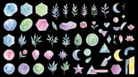 Watercolor geometric shapes, botanical leaves, celestial moons, and crystals isolated on transparent background. Ready for t-shirt design, stickers, clipart, sublimation, and print-on-demand projects.