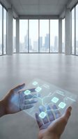 Hands holding transparent tablet displaying holographic interface with connected icons in modern empty office space overlooking city skyline, representing future technology and digital innovation.