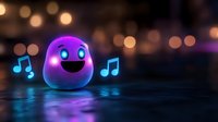 Glowing purple character with musical notes floating in dark environment creates magical atmosphere with bokeh lights and reflective surface. Neon style fantasy mood.