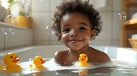 African American toddler smiling during bath time with yellow rubber ducks and soap bubbles floating in warm water. Natural lighting creates cozy bathroom atmosphere.