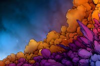Abstract composition with vibrant orange clouds and purple flower-like shapes against deep blue background, creating dramatic color contrast.