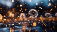 Delicate dandelion seeds against dark background with golden bokeh lights and water drops creating magical atmosphere. Nature macro photography.
