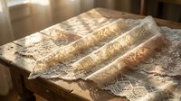 Fresh homemade pasta dough rolled into long strips on floured wooden surface in warm kitchen lighting for cooking and culinary preparation.