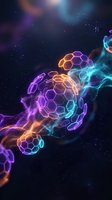 Futuristic hexagonal spheres with neon energy waves in cosmic space. Digital technology concept with glowing geometric forms and colorful light effects.
